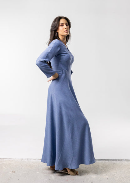 Soft Linen Wrap Dress in Blue