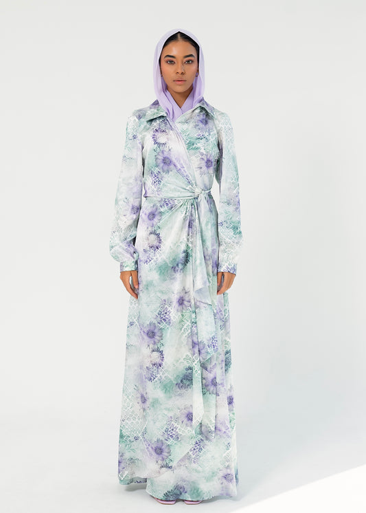 Floral mint & lilac wrap dress