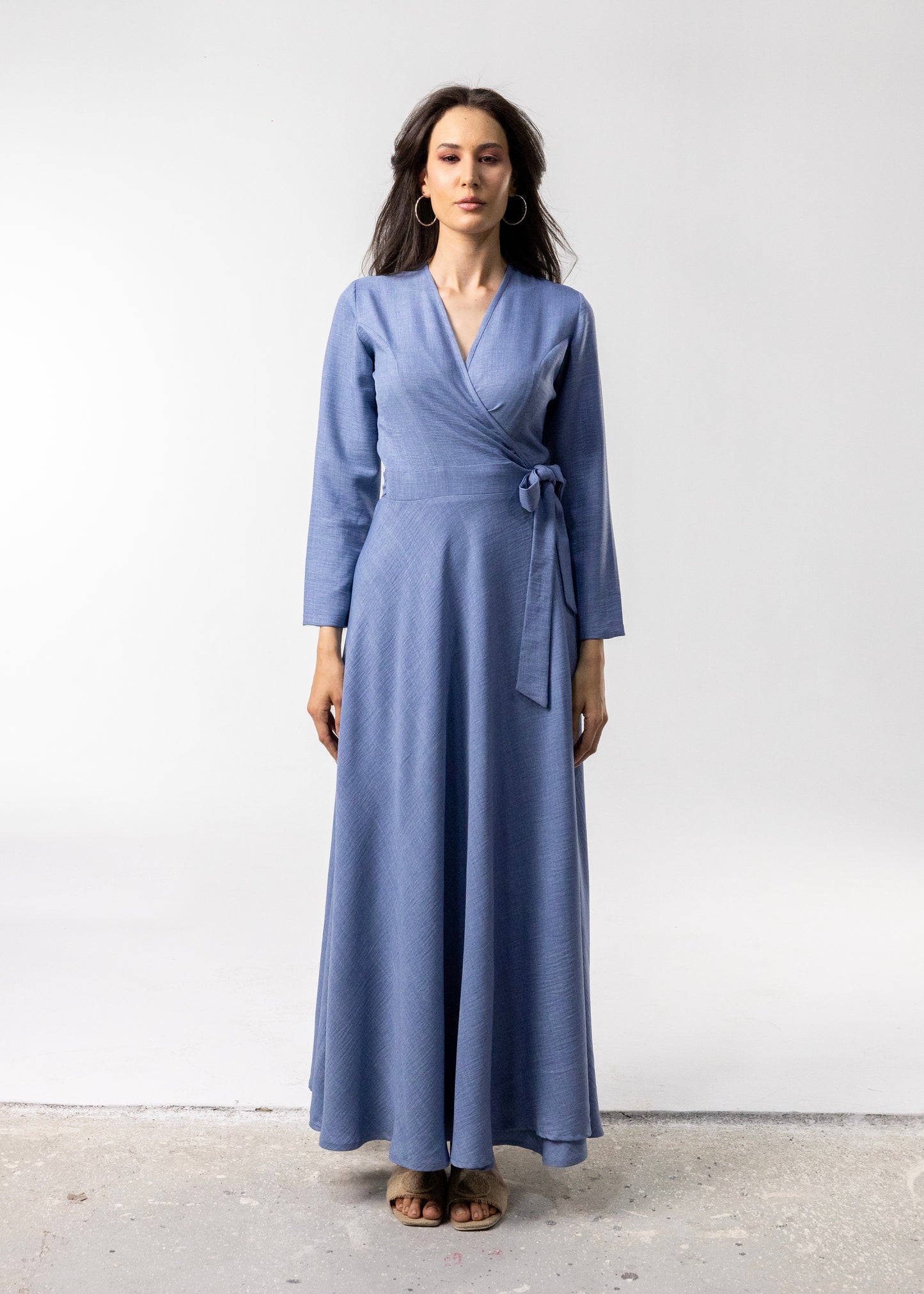 Soft Linen Wrap Dress in Blue