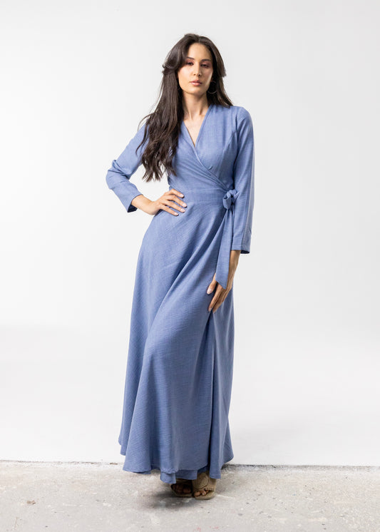 Soft Linen Wrap Dress in Blue