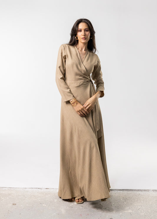 Soft Linen Wrap Dress in Brown