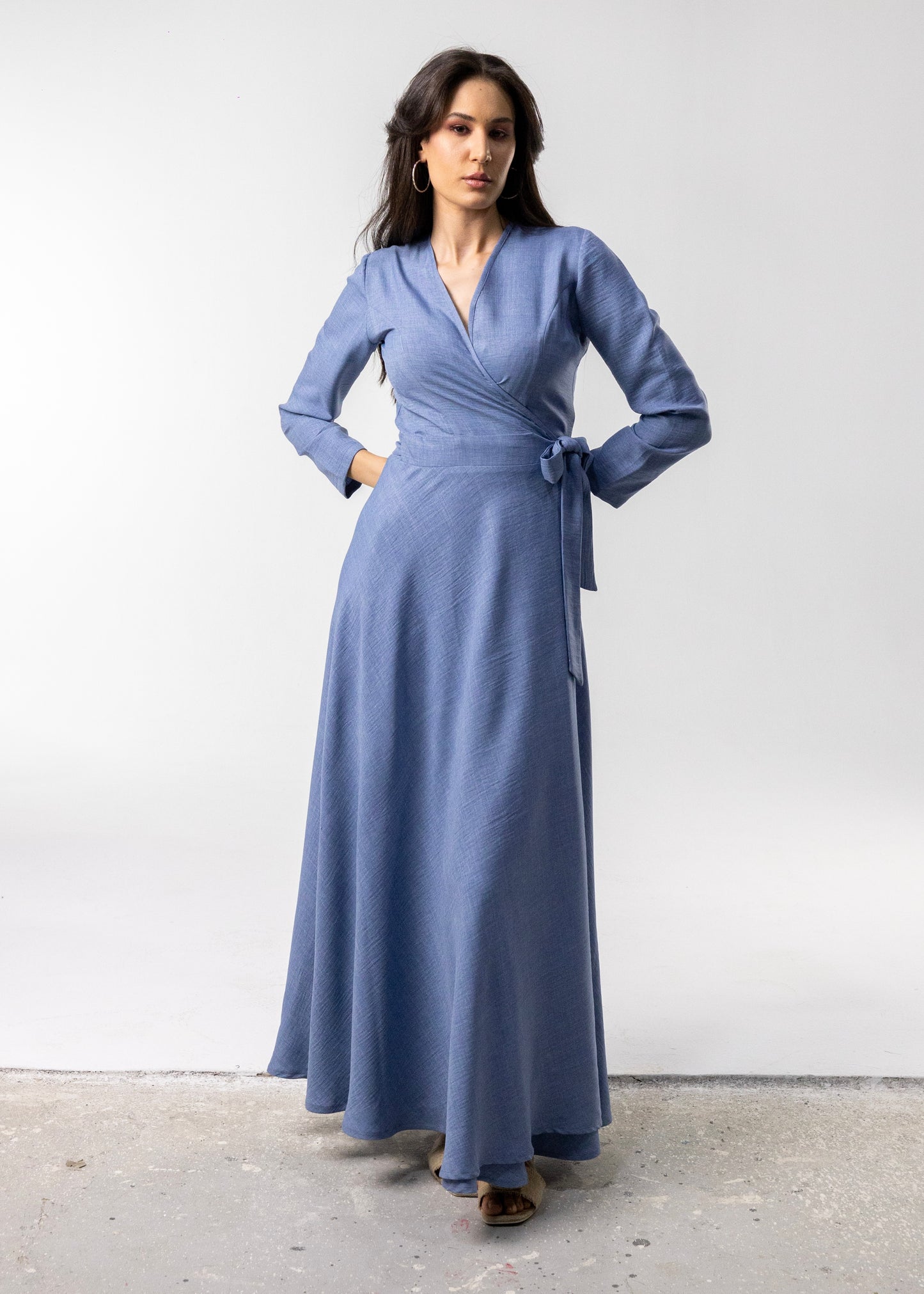 Soft Linen Wrap Dress in Blue