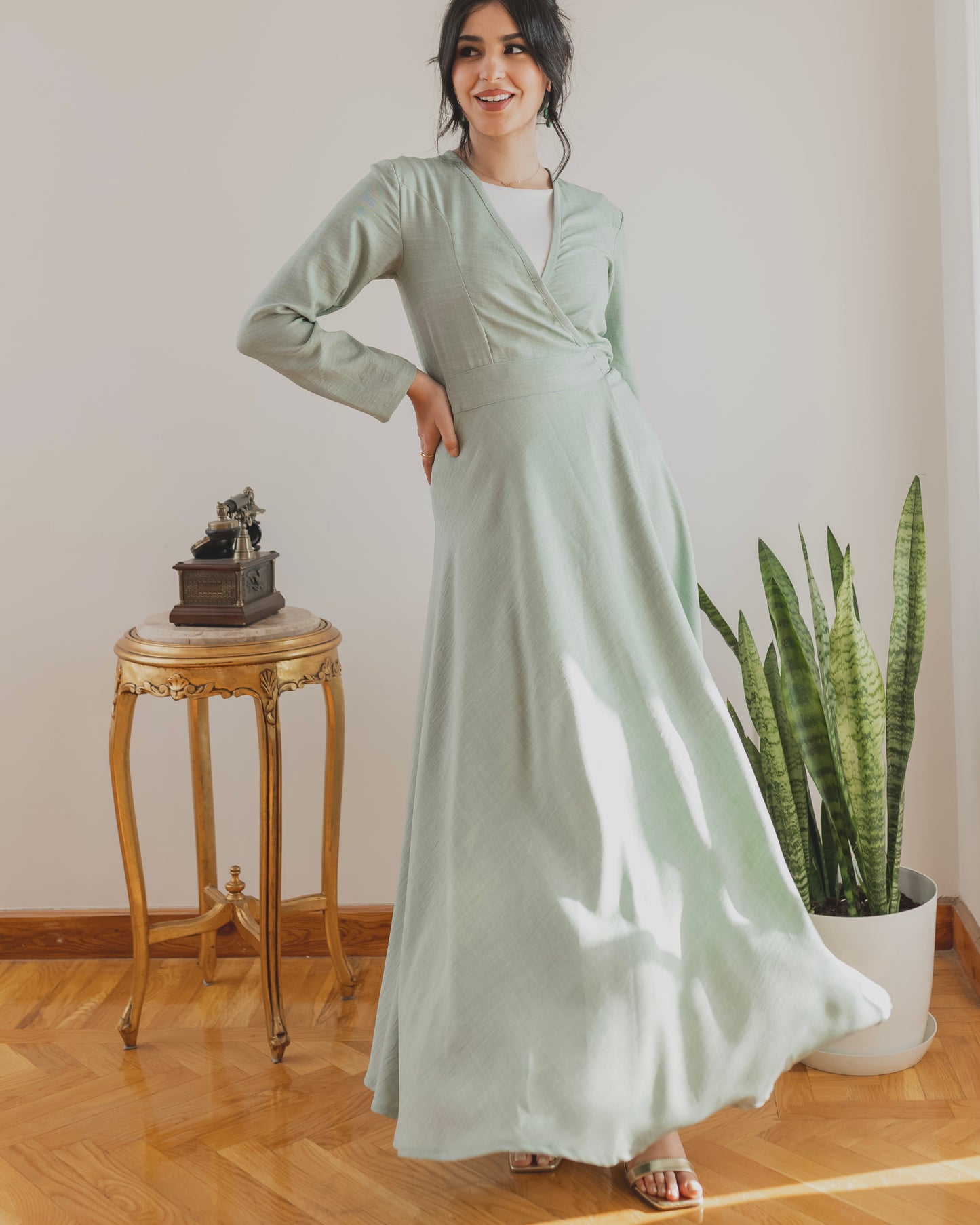 Soft Linen Wrap Dress in Mint Green