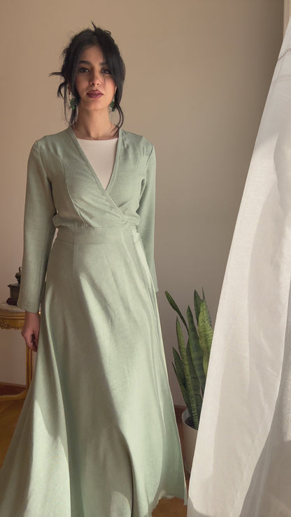 Soft Linen Wrap Dress in Mint Green