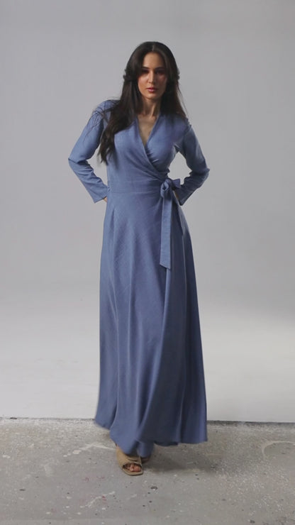 Soft Linen Wrap Dress in Blue