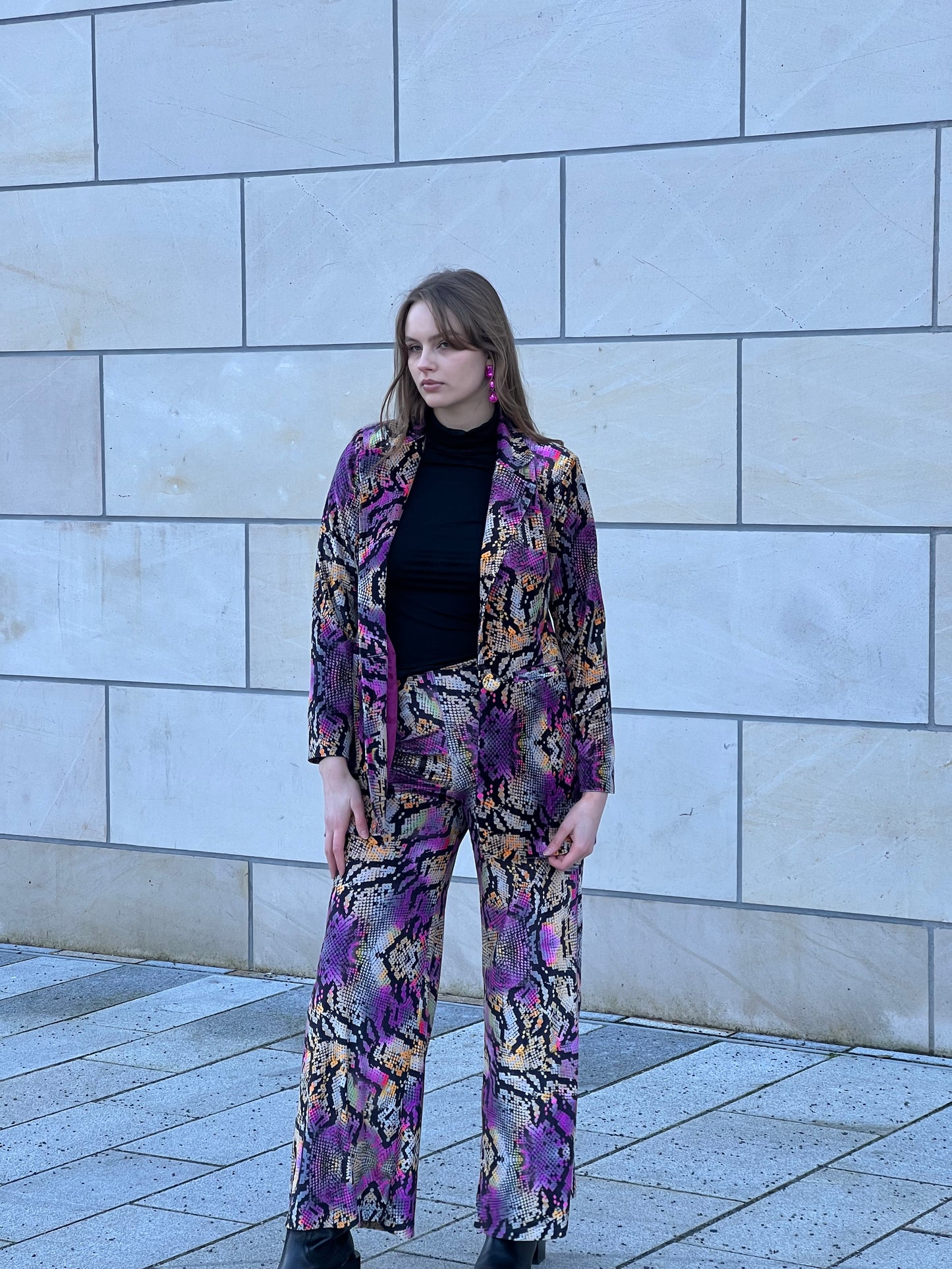 Pixel Print Velvet Blazer in Purple